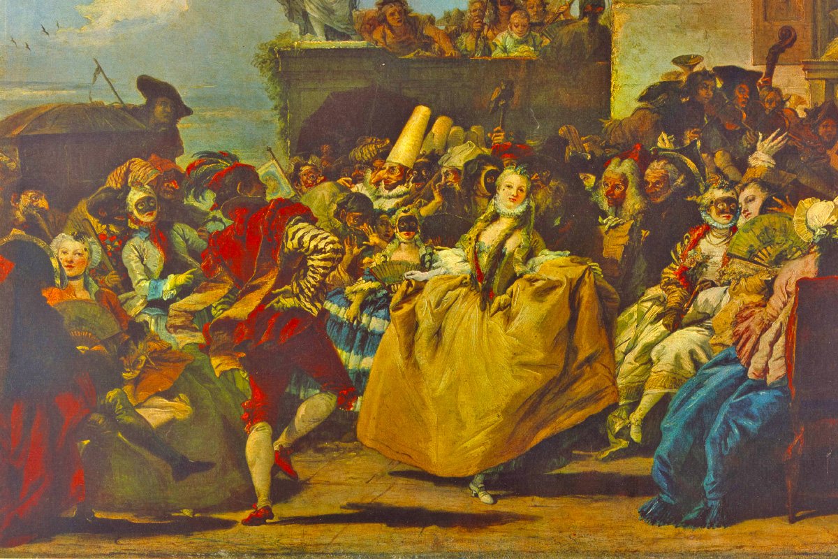 Painting portraying Carnaval in the late XIX century with people dressed up in classic costumes such as ballerina, court jester, and harlequin.