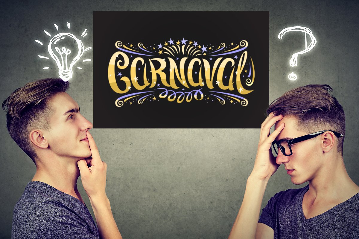A blackboard with a man thinking about a question and a bright idea. He is looking at a Carnaval wreath.