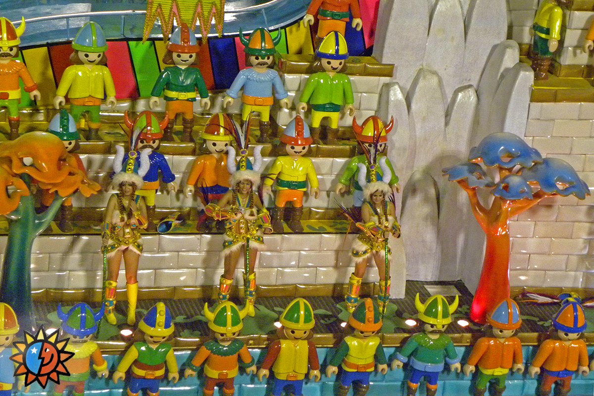Rio de Janeiro Carnaval Samba Parade. Float decorated with giant playmobils.